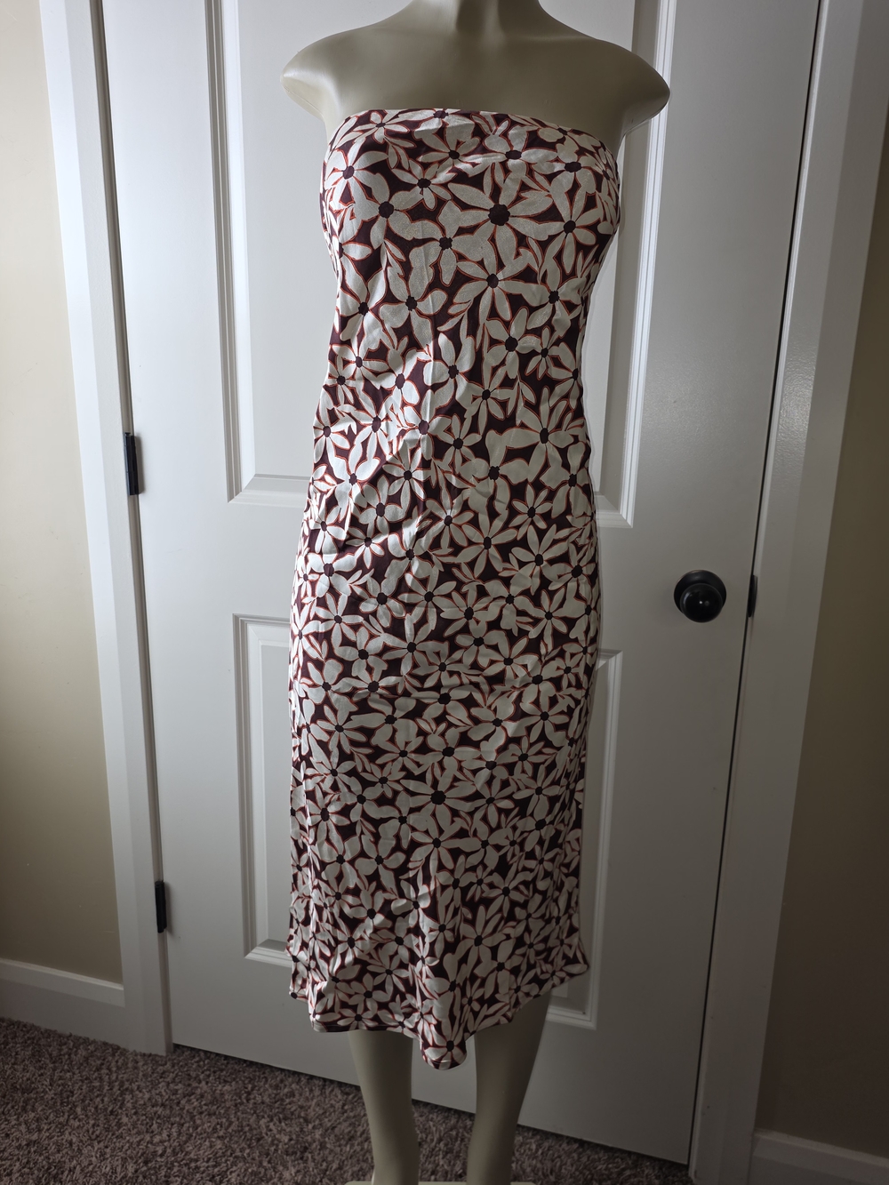 Strapless Floral Midi Dress in Burgundy and Cream